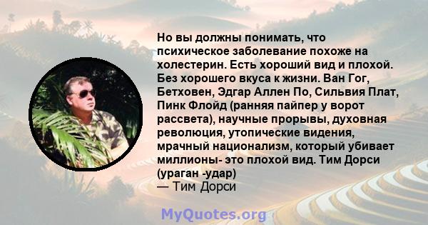 Но вы должны понимать, что психическое заболевание похоже на холестерин. Есть хороший вид и плохой. Без хорошего вкуса к жизни. Ван Гог, Бетховен, Эдгар Аллен По, Сильвия Плат, Пинк Флойд (ранняя пайпер у ворот