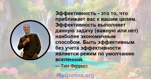 Эффективность - это то, что приближает вас к вашим целям. Эффективность выполняет данную задачу (важную или нет) наиболее экономичным способом. Быть эффективным без учета эффективности является режим по умолчанию