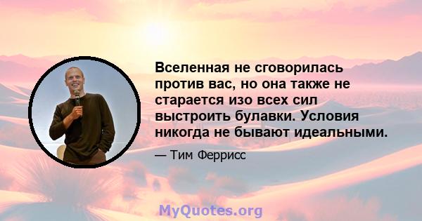 Вселенная не сговорилась против вас, но она также не старается изо всех сил выстроить булавки. Условия никогда не бывают идеальными.