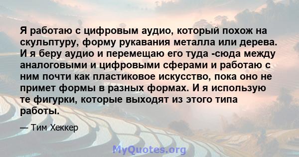 Я работаю с цифровым аудио, который похож на скульптуру, форму рукавания металла или дерева. И я беру аудио и перемещаю его туда -сюда между аналоговыми и цифровыми сферами и работаю с ним почти как пластиковое