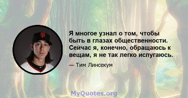 Я многое узнал о том, чтобы быть в глазах общественности. Сейчас я, конечно, обращаюсь к вещам, я не так легко испугаюсь.