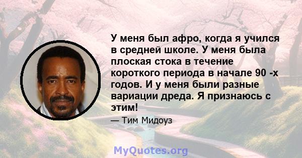 У меня был афро, когда я учился в средней школе. У меня была плоская стока в течение короткого периода в начале 90 -х годов. И у меня были разные вариации дреда. Я признаюсь с этим!