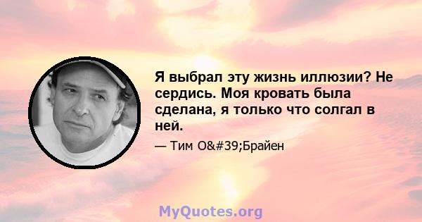 Я выбрал эту жизнь иллюзии? Не сердись. Моя кровать была сделана, я только что солгал в ней.