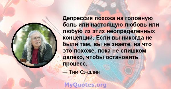 Депрессия похожа на головную боль или настоящую любовь или любую из этих неопределенных концепций. Если вы никогда не были там, вы не знаете, на что это похоже, пока не слишком далеко, чтобы остановить процесс.