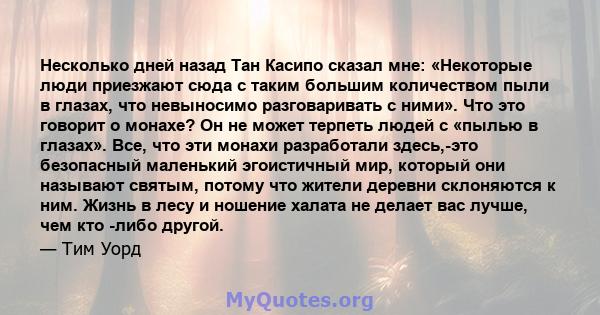 Несколько дней назад Тан Касипо сказал мне: «Некоторые люди приезжают сюда с таким большим количеством пыли в глазах, что невыносимо разговаривать с ними». Что это говорит о монахе? Он не может терпеть людей с «пылью в