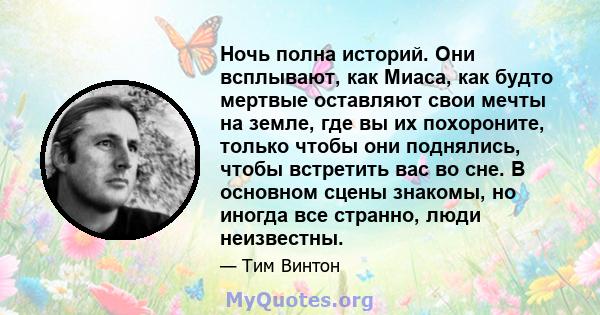 Ночь полна историй. Они всплывают, как Миаса, как будто мертвые оставляют свои мечты на земле, где вы их похороните, только чтобы они поднялись, чтобы встретить вас во сне. В основном сцены знакомы, но иногда все