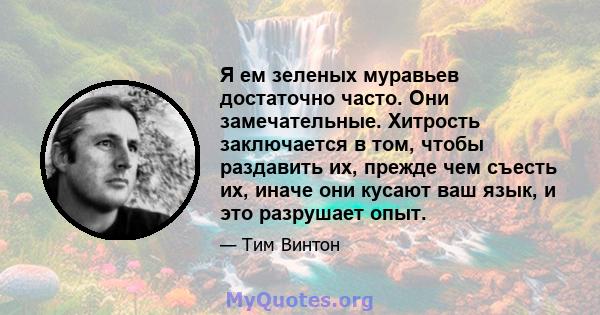 Я ем зеленых муравьев достаточно часто. Они замечательные. Хитрость заключается в том, чтобы раздавить их, прежде чем съесть их, иначе они кусают ваш язык, и это разрушает опыт.