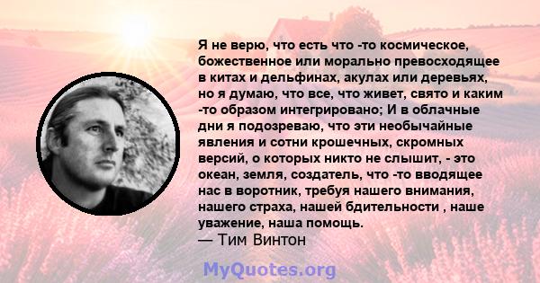 Я не верю, что есть что -то космическое, божественное или морально превосходящее в китах и ​​дельфинах, акулах или деревьях, но я думаю, что все, что живет, свято и каким -то образом интегрировано; И в облачные дни я