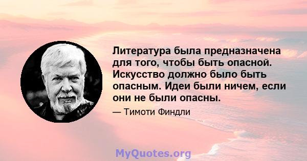 Литература была предназначена для того, чтобы быть опасной. Искусство должно было быть опасным. Идеи были ничем, если они не были опасны.