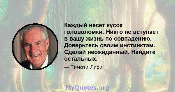 Каждый несет кусок головоломки. Никто не вступает в вашу жизнь по совпадению. Доверьтесь своим инстинктам. Сделай неожиданный. Найдите остальных.