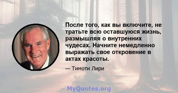 После того, как вы включите, не тратьте всю оставшуюся жизнь, размышляя о внутренних чудесах. Начните немедленно выражать свое откровение в актах красоты.