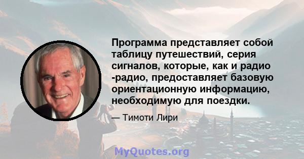 Программа представляет собой таблицу путешествий, серия сигналов, которые, как и радио -радио, предоставляет базовую ориентационную информацию, необходимую для поездки.