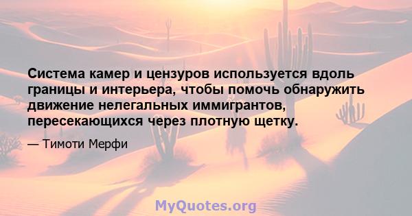 Система камер и цензуров используется вдоль границы и интерьера, чтобы помочь обнаружить движение нелегальных иммигрантов, пересекающихся через плотную щетку.