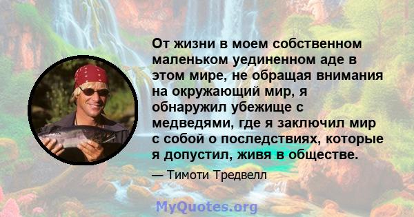 От жизни в моем собственном маленьком уединенном аде в этом мире, не обращая внимания на окружающий мир, я обнаружил убежище с медведями, где я заключил мир с собой о последствиях, которые я допустил, живя в обществе.