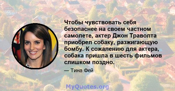 Чтобы чувствовать себя безопаснее на своем частном самолете, актер Джон Траволта приобрел собаку, разжигающую бомбу. К сожалению для актера, собака пришла в шесть фильмов слишком поздно.