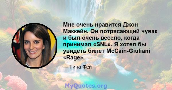 Мне очень нравится Джон Маккейн. Он потрясающий чувак и был очень весело, когда принимал «SNL». Я хотел бы увидеть билет McCain-Giuliani «Rage».