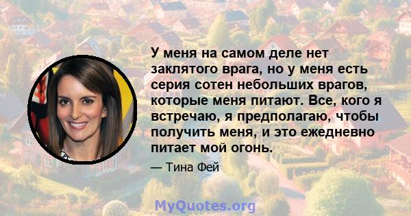 У меня на самом деле нет заклятого врага, но у меня есть серия сотен небольших врагов, которые меня питают. Все, кого я встречаю, я предполагаю, чтобы получить меня, и это ежедневно питает мой огонь.