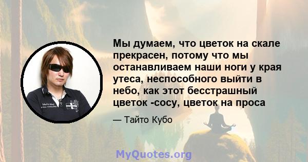 Мы думаем, что цветок на скале прекрасен, потому что мы останавливаем наши ноги у края утеса, неспособного выйти в небо, как этот бесстрашный цветок -сосу, цветок на проса