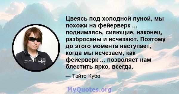 Цвеясь под холодной луной, мы похожи на фейерверк ... поднимаясь, сияющие, наконец, разбросаны и исчезают. Поэтому до этого момента наступает, когда мы исчезаем, как фейерверк ... позволяет нам блестить ярко, всегда.