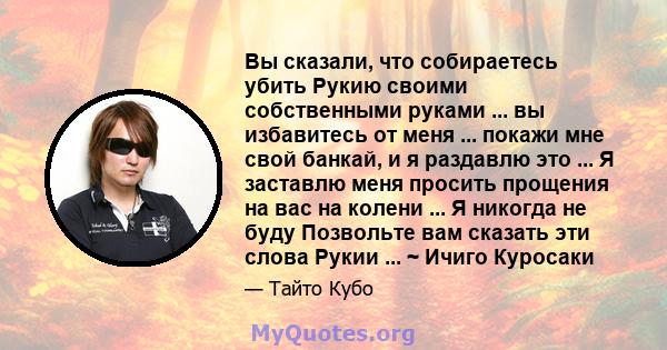 Вы сказали, что собираетесь убить Рукию своими собственными руками ... вы избавитесь от меня ... покажи мне свой банкай, и я раздавлю это ... Я заставлю меня просить прощения на вас на колени ... Я никогда не буду