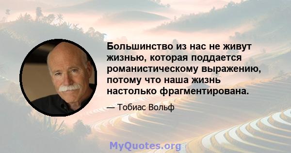 Большинство из нас не живут жизнью, которая поддается романистическому выражению, потому что наша жизнь настолько фрагментирована.