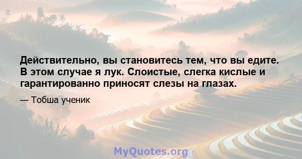 Действительно, вы становитесь тем, что вы едите. В этом случае я лук. Слоистые, слегка кислые и гарантированно приносят слезы на глазах.