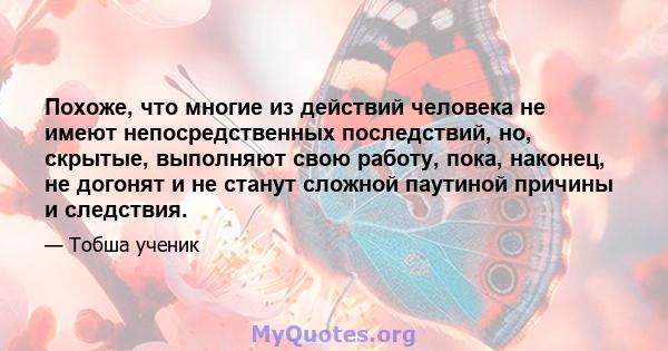 Похоже, что многие из действий человека не имеют непосредственных последствий, но, скрытые, выполняют свою работу, пока, наконец, не догонят и не станут сложной паутиной причины и следствия.