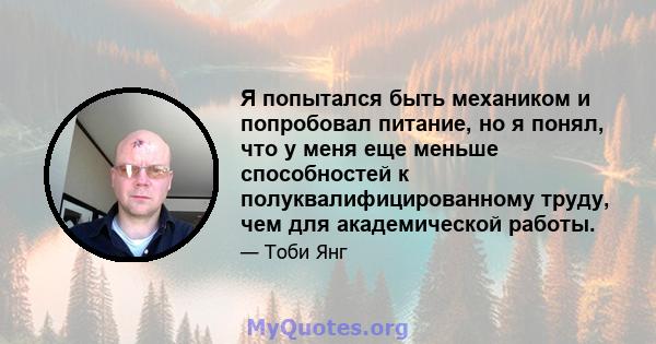 Я попытался быть механиком и попробовал питание, но я понял, что у меня еще меньше способностей к полуквалифицированному труду, чем для академической работы.