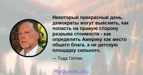 Некоторый прекрасный день, демократы могут выяснить, как попасть на правую сторону разрыва стоимости - как определить Америку как место общего блага, а не детскую площадку сильного.