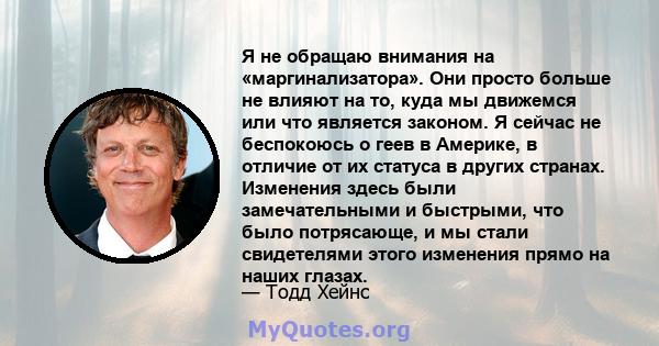 Я не обращаю внимания на «маргинализатора». Они просто больше не влияют на то, куда мы движемся или что является законом. Я сейчас не беспокоюсь о геев в Америке, в отличие от их статуса в других странах. Изменения