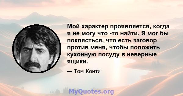 Мой характер проявляется, когда я не могу что -то найти. Я мог бы поклясться, что есть заговор против меня, чтобы положить кухонную посуду в неверные ящики.