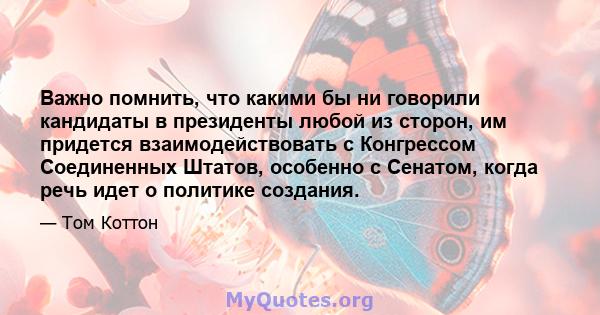 Важно помнить, что какими бы ни говорили кандидаты в президенты любой из сторон, им придется взаимодействовать с Конгрессом Соединенных Штатов, особенно с Сенатом, когда речь идет о политике создания.