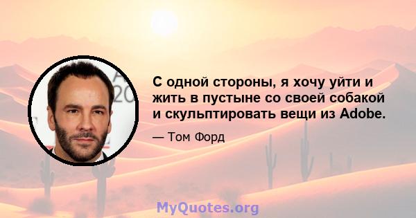 С одной стороны, я хочу уйти и жить в пустыне со своей собакой и скульптировать вещи из Adobe.