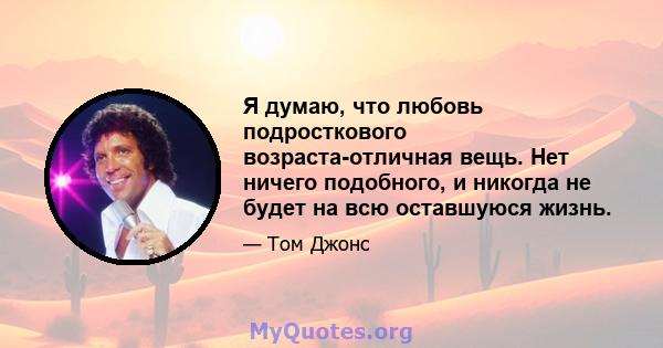 Я думаю, что любовь подросткового возраста-отличная вещь. Нет ничего подобного, и никогда не будет на всю оставшуюся жизнь.