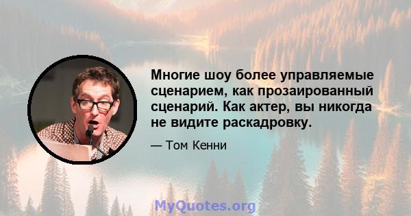 Многие шоу более управляемые сценарием, как прозаированный сценарий. Как актер, вы никогда не видите раскадровку.