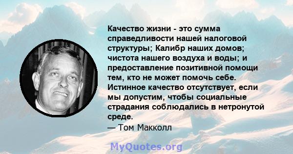 Качество жизни - это сумма справедливости нашей налоговой структуры; Калибр наших домов; чистота нашего воздуха и воды; и предоставление позитивной помощи тем, кто не может помочь себе. Истинное качество отсутствует,