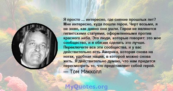 Я просто ... интересно, где сияние прошлых лет? Мне интересно, куда пошли герои. Черт возьми, я не знаю, как давно они ушли. Герои не являются гигантскими статуями, оформленными против красного неба. Это люди, которые