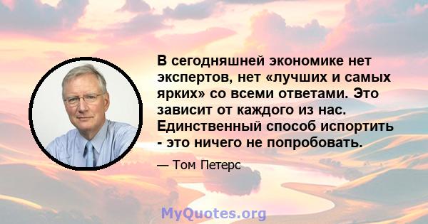 В сегодняшней экономике нет экспертов, нет «лучших и самых ярких» со всеми ответами. Это зависит от каждого из нас. Единственный способ испортить - это ничего не попробовать.