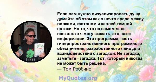 Если вам нужно визуализировать душу, думайте об этом как о нечто среде между волками, фотоном и каплей темной патоки. Но то, что на самом деле, насколько я могу сказать, это пакет информации. Это программа, часть