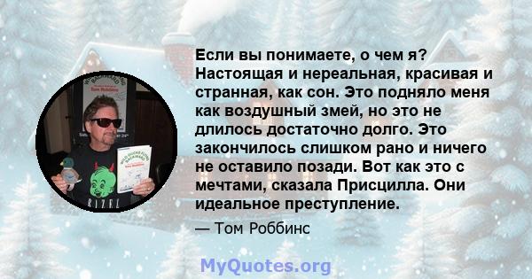 Если вы понимаете, о чем я? Настоящая и нереальная, красивая и странная, как сон. Это подняло меня как воздушный змей, но это не длилось достаточно долго. Это закончилось слишком рано и ничего не оставило позади. Вот