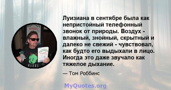 Луизиана в сентябре была как непристойный телефонный звонок от природы. Воздух - влажный, знойный, скрытный и далеко не свежий - чувствовал, как будто его выдыхали в лицо. Иногда это даже звучало как тяжелое дыхание.