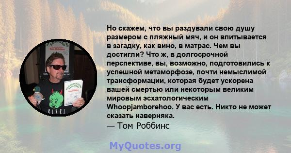 Но скажем, что вы раздували свою душу размером с пляжный мяч, и он впитывается в загадку, как вино, в матрас. Чем вы достигли? Что ж, в долгосрочной перспективе, вы, возможно, подготовились к успешной метаморфозе, почти 