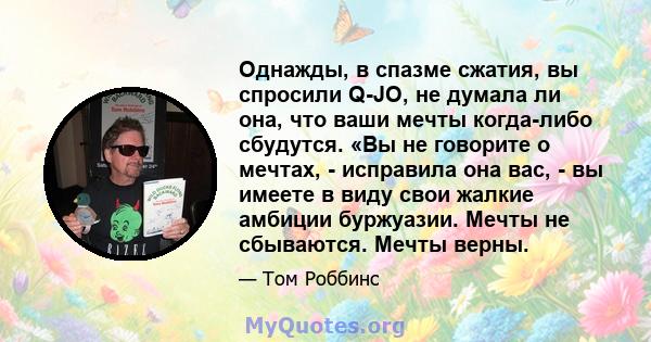 Однажды, в спазме сжатия, вы спросили Q-JO, не думала ли она, что ваши мечты когда-либо сбудутся. «Вы не говорите о мечтах, - исправила она вас, - вы имеете в виду свои жалкие амбиции буржуазии. Мечты не сбываются.