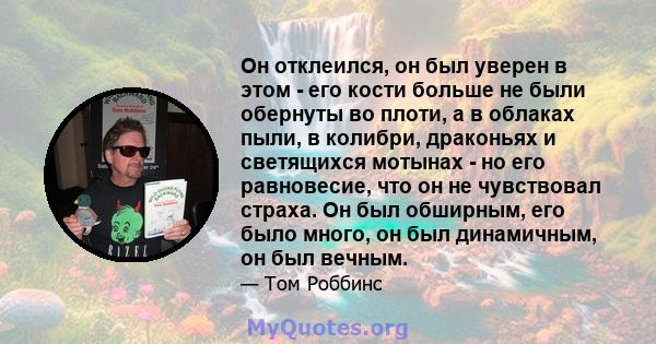 Он отклеился, он был уверен в этом - его кости больше не были обернуты во плоти, а в облаках пыли, в колибри, драконьях и светящихся мотынах - но его равновесие, что он не чувствовал страха. Он был обширным, его было