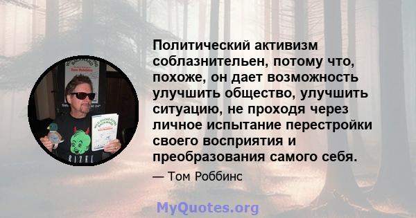 Политический активизм соблазнительен, потому что, похоже, он дает возможность улучшить общество, улучшить ситуацию, не проходя через личное испытание перестройки своего восприятия и преобразования самого себя.