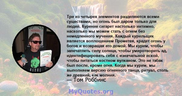 Три из четырех элементов разделяются всеми существами, но огонь был даром только для людей. Курение сигарет настолько интимно, насколько мы можем стать с огнем без немедленного мучения. Каждый курильщик является