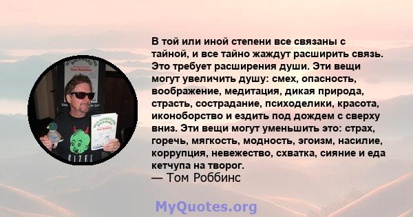 В той или иной степени все связаны с тайной, и все тайно жаждут расширить связь. Это требует расширения души. Эти вещи могут увеличить душу: смех, опасность, воображение, медитация, дикая природа, страсть, сострадание,