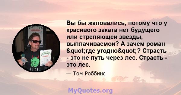 Вы бы жаловались, потому что у красивого заката нет будущего или стреляющей звезды, выплачиваемой? А зачем роман "где угодно"? Страсть - это не путь через лес. Страсть - это лес.