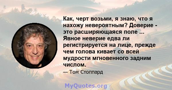 Как, черт возьми, я знаю, что я нахожу невероятным? Доверие - это расширяющаяся поле ... Явное неверие едва ли регистрируется на лице, прежде чем голова кивает со всей мудрости мгновенного задним числом.