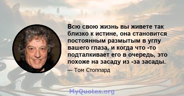 Всю свою жизнь вы живете так близко к истине, она становится постоянным размытым в углу вашего глаза, и когда что -то подталкивает его в очередь, это похоже на засаду из -за засады.